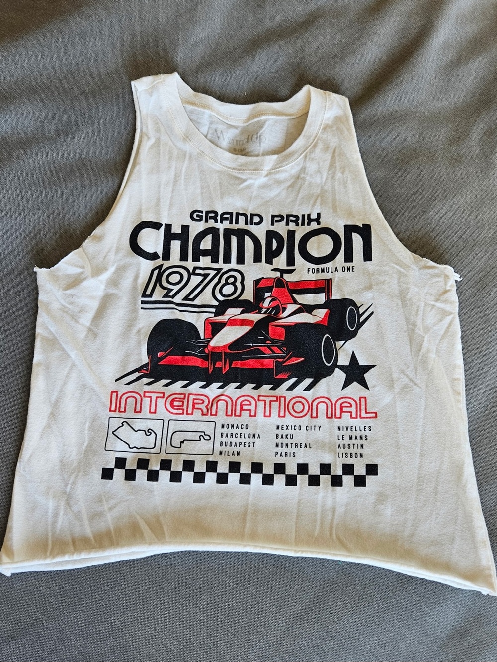 Wound Up White ‘Grand Prix’  Cropped Muscle Shirt